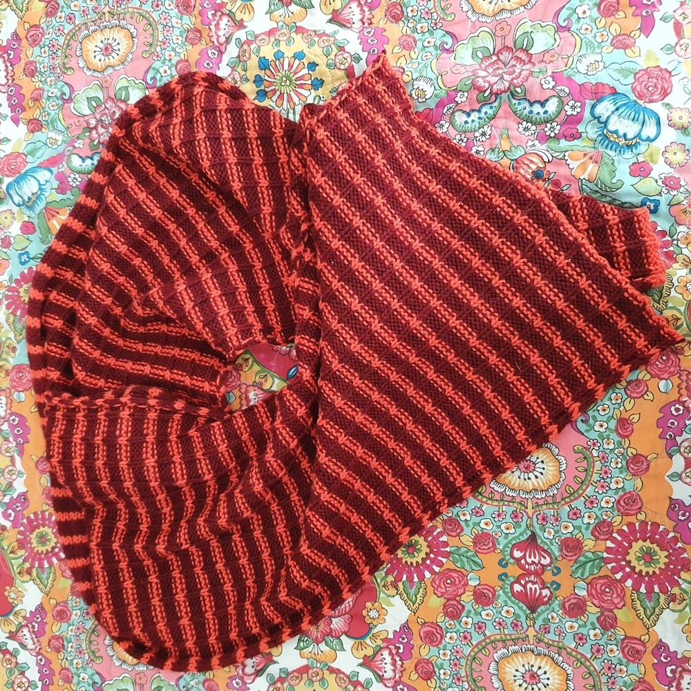 Hand knit maroon and orange striped scarf - Picture 3 of 5